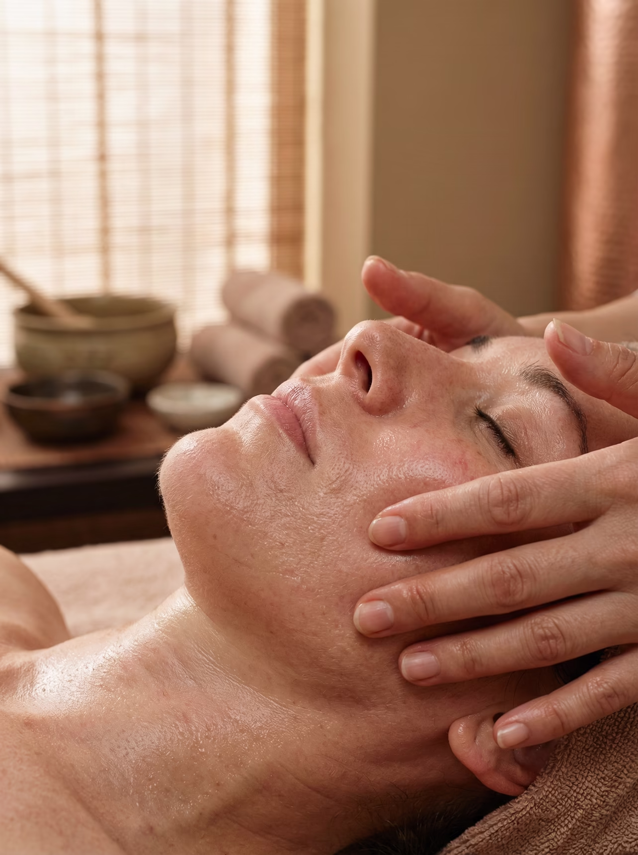 Relaksacyjny masaż Kobido w gabinecie. Widoczna technika manualnego liftingu twarzy i drenażu limfatycznego na naturalnej skórze.