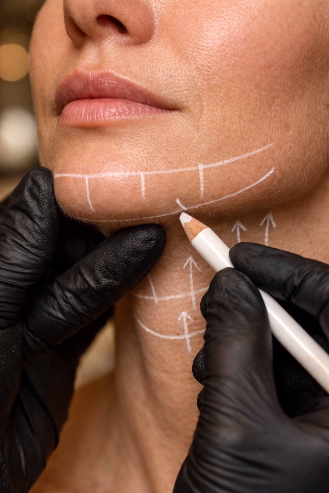 Planowanie zabiegu lipolizy iniekcyjnej podbródka i żuchwy. Specjalista wyznacza obszary redukcji tkanki tłuszczowej w gabinecie Malendowska Aesthetic w Poznaniu.