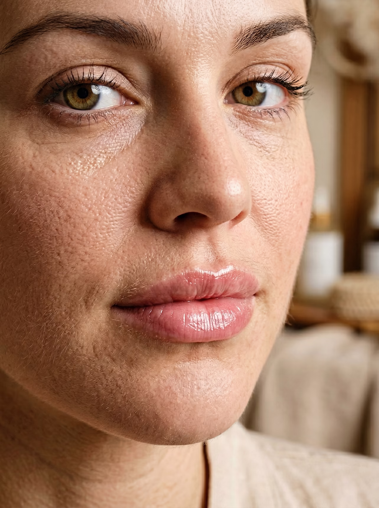 Zbliżenie na naturalną strukturę skóry twarzy. Efekt głębokiego nawilżenia ust oraz rewitalizacji okolicy oka po zabiegach w gabinecie.