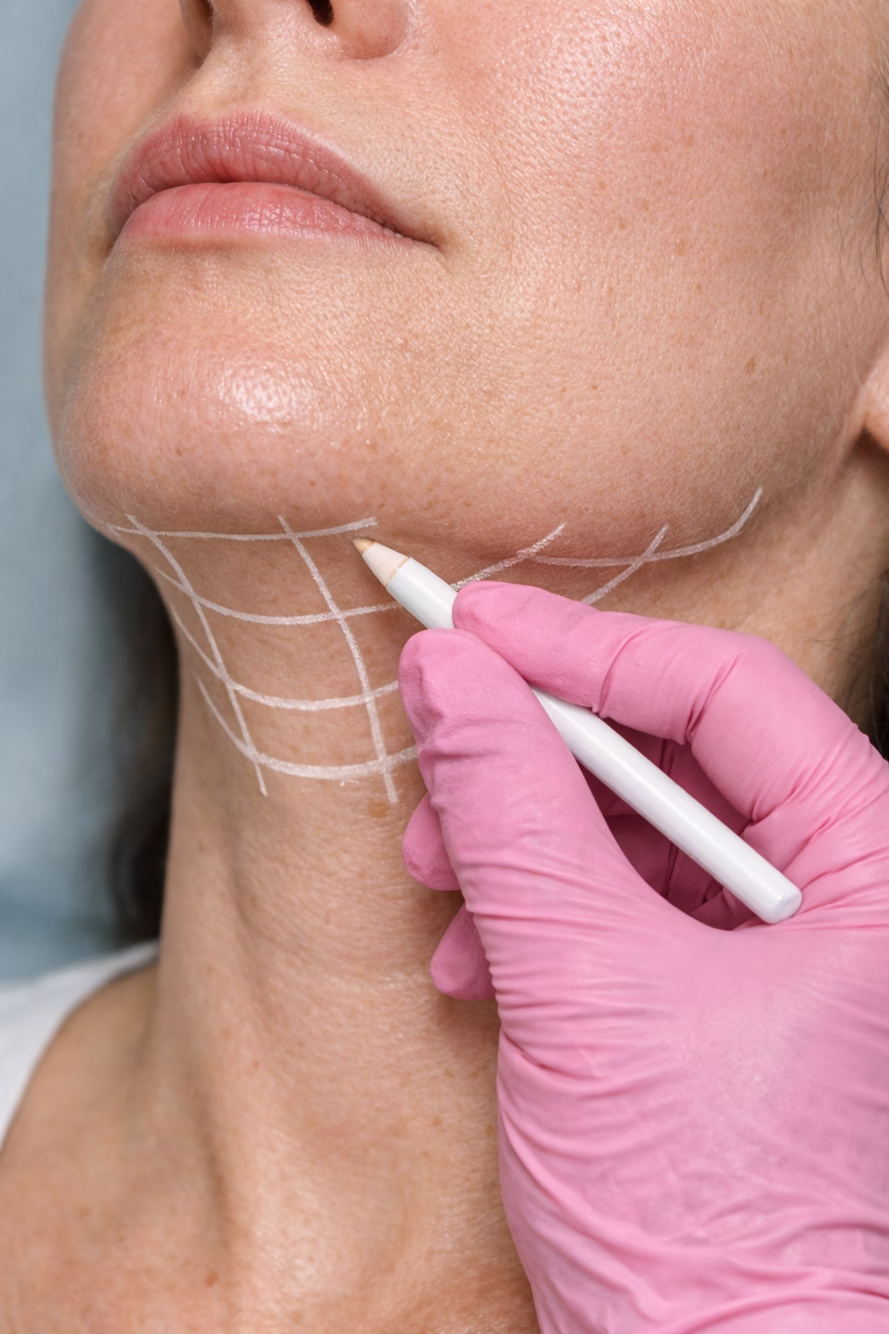 Planowanie zabiegu nićmi autologicznymi (fibryna strukturalna). Mapowanie skóry szyi i podbródka przed utworzeniem biologicznego stelaża liftingującego.