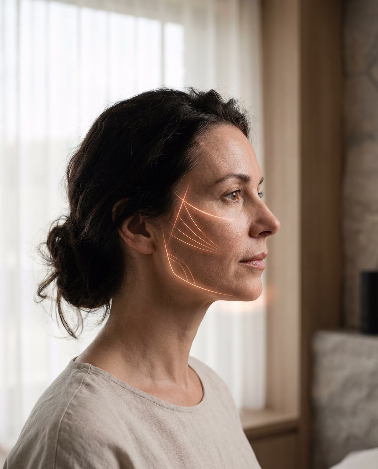 Wizualizacja wektorów uniesienia przy zabiegu nićmi liftingującymi. Naturalna tekstura skóry i efekt modelowania owalu twarzy w gabinecie Malendowska w Poznaniu.