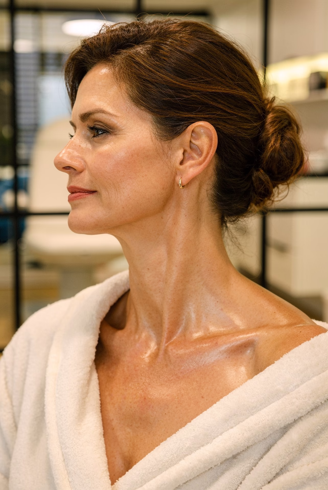 Zadbana szyja, wyraźna linia żuchwy i gładki dekolt u dojrzałej kobiety. Efekt zabiegów ujędrniających i biostymulujących ciało w gabinecie Malendowska w Poznaniu