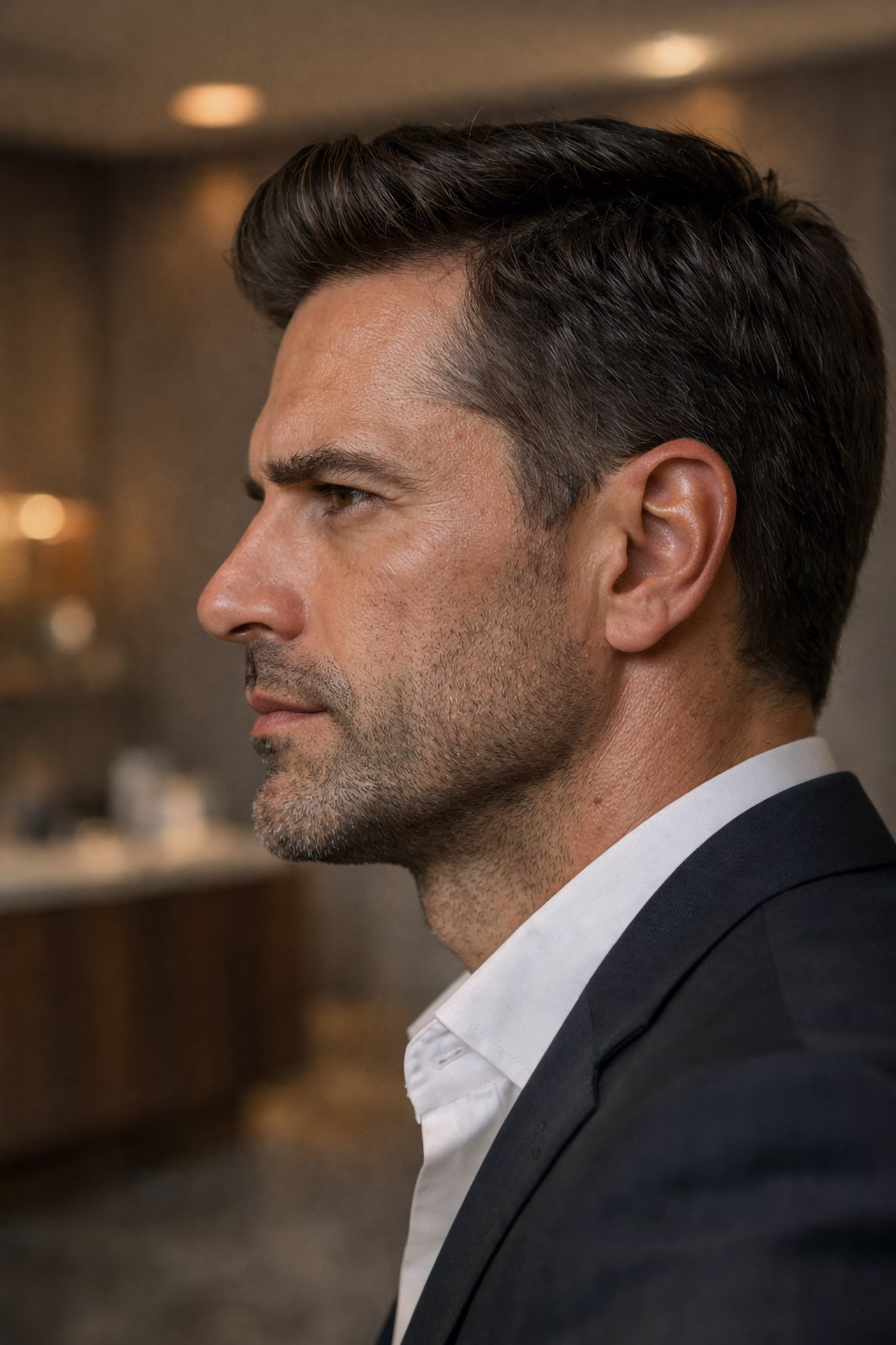 Zadbany mężczyzna z wyraźnie zarysowaną linią żuchwy i męskim konturem twarzy. Dyskretne zabiegi medycyny estetycznej dla mężczyzn w gabinecie Malendowska w Poznaniu.