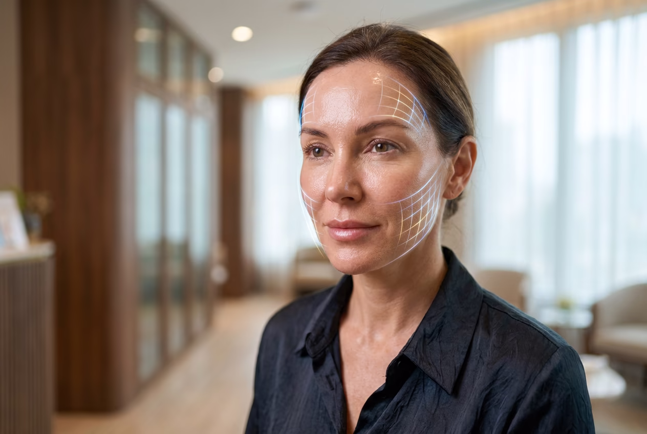 Portret kobiety o naturalnej, zdrowej skórze z widoczną holograficzną siatką obrazującą architekturę twarzy. Holistyczne podejście do Health Longevity i Smart Aging w nowoczesnym gabinecie zabiegów estetycznych.