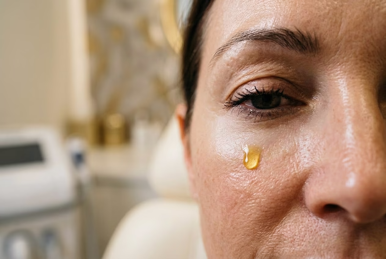 Zbliżenie na okolicę oka kobiety po 40 roku życia z naturalną, zdrową teksturą skóry. Na policzku widoczna kropla osocza bogatopłytkowego. Ilustracja do artykułu o różnicach między osoczem a fibryną w regeneracji dolnej powieki.